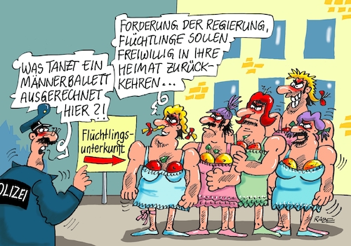 Cartoon: Freiwillige Ausreise (medium) by RABE tagged flüchtlinge,flüchtlingsheim,ausländerbehörde,innenministerium,bundesregierung,abschiebung,anreiz,rückkehr,freiwillig,heimatland,heimat,syrer,afghanen,rabe,ralf,böhme,cartoon,karikatur,pressezeichnung,farbcartoon,tagescartoon,karneval,rosenmontag,männerballett,fasching,gardetanz,polizei,flüchtlinge,flüchtlingsheim,ausländerbehörde,innenministerium,bundesregierung,abschiebung,anreiz,rückkehr,freiwillig,heimatland,heimat,syrer,afghanen,rabe,ralf,böhme,cartoon,karikatur,pressezeichnung,farbcartoon,tagescartoon,karneval,rosenmontag,männerballett,fasching,gardetanz,polizei