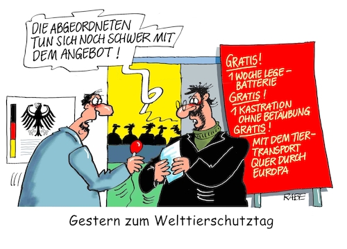 Cartoon: Freiwillige vor (medium) by RABE tagged welttierschutztag,tierschutz,tierwohl,tiere,tierschutzgesetze,rabe,ralf,böhme,cartoon,karikatur,pressezeichnung,farbcartoon,tagescartoon,tierschützer,ferkel,tiertransporte,eu,europa,legebatterien,kastration,betäubung,welttierschutztag,tierschutz,tierwohl,tiere,tierschutzgesetze,rabe,ralf,böhme,cartoon,karikatur,pressezeichnung,farbcartoon,tagescartoon,tierschützer,ferkel,tiertransporte,eu,europa,legebatterien,kastration,betäubung