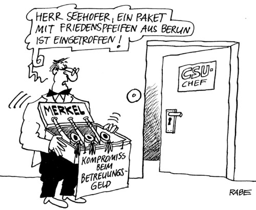 Cartoon: Friedenspfeifchen (medium) by RABE tagged csu,bayern,seehofer,merkel,kanzlerin,cdu,bundesregierung,betreuungsgeld,herdprämie,kita,kindergarten,erzieherinnen,kinderbetreuung,kompromiss,frieden,freidenspfeife,indianer,tabak,bauchladen,chef,berlin,friedensangebot,csu,bayern,seehofer,merkel,kanzlerin,cdu,bundesregierung,betreuungsgeld