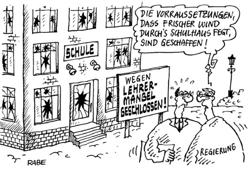 Cartoon: Frischer Wind (medium) by RABE tagged schule,schulhaus,bildungsministerium,pisastudie,lehrer,lehrermangel,lehrerzimmer,lehrplan,bundesregierung,einsparung,euro,krise,schulhof,unterricht,klassenzimmer,stundenplan,schüler,mädchen,jungen,schulranzen,männer,laterne,fensterscheiben,putz,ziegel,mauerwerk,ruine,abrißgebäude,abrißbirne,schutt,bauschutt,wind,vorraussetzung,wehen,windstärke,luftzug,orkan,undicht,schule,schulhaus,bildungsministerium,pisastudie,lehrer,pisa,bildung,bundesregierung,einsparung