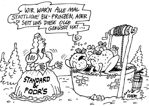 Cartoon: Froschkonzert (medium) by RABE tagged rating,ratingagentur,standard,und,poors,moodys,abstufung,herabsetzung,euro,eurokrise,schuldenkrise,abwertung,europa,eu,brüssel,usa,amerika,merkel,cdu,kanzlerin,deutschland,frankreich,sarkozy,griechenland,österreich,märchen,brüder,grimm,froschkönik,prinzessin,brunnen,küssen,kugel,prinz,ratingagentur,moodys,usa,euro,eurokrise