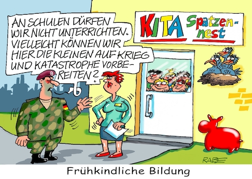 Cartoon: Frühkindliche Bildung (medium) by RABE tagged schüler,lehrer,zeugnisse,zeugnistag,zeugnisausgabe,ferien,winterferien,rabe,ralf,böhme,cartoon,karikatur,farbcartoon,pressezeichnung,tagescartoon,ukrainekrieg,katastrophe,kinder,bildungsministerin,starkwatzinger,watzinger,kriegsvorbereitung,bundeswehr,soldat,erzieherin,zivilschutz,zivilverteidigung,schüler,lehrer,zeugnisse,zeugnistag,zeugnisausgabe,ferien,winterferien,rabe,ralf,böhme,cartoon,karikatur,farbcartoon,pressezeichnung,tagescartoon,ukrainekrieg,katastrophe,kinder,bildungsministerin,starkwatzinger,watzinger,kriegsvorbereitung,bundeswehr,soldat,erzieherin,zivilschutz,zivilverteidigung