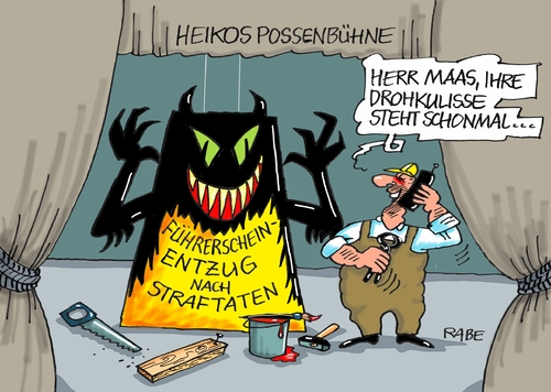 Cartoon: Führerscheinentzug (medium) by RABE tagged heiko,maas,justizminister,führerschein,führerscheinentzug,entzug,rabe,ralf,böhme,cartoon,karikatur,pressezeichnung,farbcartoon,tagescartoon,strafe,straftäter,bestrafung,posse,possenspiel,kulisse,kulissenschieber,heiko,maas,justizminister,führerschein,führerscheinentzug,entzug,rabe,ralf,böhme,cartoon,karikatur,pressezeichnung,farbcartoon,tagescartoon,strafe,straftäter,bestrafung,posse,possenspiel,kulisse,kulissenschieber