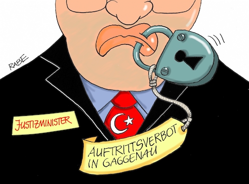 Cartoon: Gaggenau (medium) by RABE tagged gaggenau,auftritsverbot,türkei,justizminister,wahlkampf,wahlkampfveranstaltung,erdogan,diktator,präsidialgesetz,rabe,ralf,böhme,cartoon,karikatur,pressezeichnung,farbcartoon,tagescartoon,schloß,vorhängeschloß,mundverbot,gaggenau,auftritsverbot,türkei,justizminister,wahlkampf,wahlkampfveranstaltung,erdogan,diktator,präsidialgesetz,rabe,ralf,böhme,cartoon,karikatur,pressezeichnung,farbcartoon,tagescartoon,schloß,vorhängeschloß,mundverbot