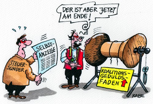 Cartoon: Geduldsfädchen (medium) by RABE tagged staatsanwalt,strafmass,justizpalast,schweiz,hinterziehung,euro,steuerrecht,cartoon,böhme,ralf,rabe,bayernpräsident,bayernboss,hoeneß,uli,ende,knast,haft,zelle,landshut,strafanstaldt,münchen,farbcartoon,pressezeichnung,karikatur,faden,geduldsfaden,schwarzrot,koalition,groko,steuerparadies,steuerflüchtling,steuersünder,selbstanzeige,selbstanzeige,steuersünder,steuerflüchtling,steuerparadies,groko,koalition,schwarzrot,geduldsfaden,faden,ende,uli,hoeneß,bayernboss,bayernpräsident,rabe,ralf,böhme,cartoon,karikatur,pressezeichnung,farbcartoon,münchen,strafanstaldt,landshut,zelle,haft,knast,steuerrecht,euro,hinterziehung,schweiz,justizpalast,strafmass,staatsanwalt