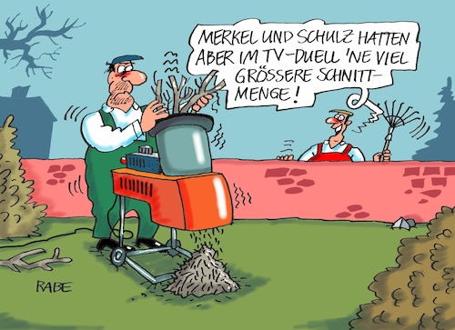 Cartoon: Gehäckseltes (medium) by RABE tagged martin,schulz,spd,wahlkampf,bundestagswahl,beamte,rentenkasse,rabe,ralf,böhme,cartoon,karikatur,pressezeichnung,farbcartoon,tagescartoon,rentner,nahles,gleichberechtigung,tv,duell,kanzlerduell,kanzlerkandidaten,augenhöhe,schnittmenge,umfragewerte,sieger,verlierer,garten,gartenarbeit,strauchschnitt,baumschnitt,häcksler,gartenhäcksler,martin,schulz,spd,wahlkampf,bundestagswahl,beamte,rentenkasse,rabe,ralf,böhme,cartoon,karikatur,pressezeichnung,farbcartoon,tagescartoon,rentner,nahles,gleichberechtigung,tv,duell,kanzlerduell,kanzlerkandidaten,augenhöhe,schnittmenge,umfragewerte,sieger,verlierer,garten,gartenarbeit,strauchschnitt,baumschnitt,häcksler,gartenhäcksler