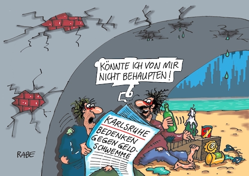 Cartoon: Geldschwemme (medium) by RABE tagged karlsruhe,bedenken,richter,ezb,geld,euro,geldschwemme,staatsanleihenkäufe,rabe,ralf,böhme,cartoon,karikatur,pressezeichnung,farbcartoon,tagescartoon,brücke,obdachlose,armut,geldsorgen,bettler,karlsruhe,bedenken,richter,ezb,geld,euro,geldschwemme,staatsanleihenkäufe,rabe,ralf,böhme,cartoon,karikatur,pressezeichnung,farbcartoon,tagescartoon,brücke,obdachlose,armut,geldsorgen,bettler