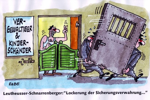 Cartoon: Gelockertes (medium) by RABE tagged justiz,justizia,justizministerin,schnarrenberger,fdp,gericht,bundesgerichtshof,bundesverfassungsgericht,gerichtshof,eu,brüssel,bundesrepublik,straftäter,strafe,strafverfolgung,knast,gefängnis,zelle,gitterstäbe,zellentür,justizvollzugsanstalt,richter,staatsanwalt,jurist,bestrafung,sextäter,kinderschänder,mörder,vergewaltiger,lockerung,sicherungsverwahrung,kinder,frauen,opfer,täter,schuld,sexmonster,sexualstraftäter,einzelhaft,haftverschonung,lebenslang,bewährung,justizbeamte,wächter,wärter,justiz,justizministerin,schnarrenberger,fdp,gericht,bundesgerichtshof,bundesverfassungsgericht