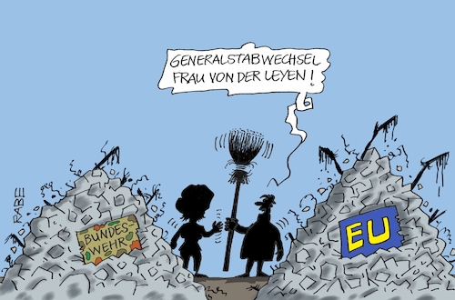 Cartoon: Generalstabwechsel (medium) by RABE tagged europawahl,mai,brüssel,eu,rabe,ralf,böhme,cartoon,karikatur,pressezeichnung,farbcartoon,tagescartoon,kreistag,kreistagswahlen,wahlsonntag,sitze,kandidaten,wahlcoaching,wähler,wählercoaching,coach,von,der,leyen,bundeswehr,besen,schutthaufen,generalstabübergabe,kommissionspräsidentin,juncker,tusk,timmermans,weber,merkel,spitzenposten,europawahl,mai,brüssel,eu,rabe,ralf,böhme,cartoon,karikatur,pressezeichnung,farbcartoon,tagescartoon,kreistag,kreistagswahlen,wahlsonntag,sitze,kandidaten,wahlcoaching,wähler,wählercoaching,coach,von,der,leyen,bundeswehr,besen,schutthaufen,generalstabübergabe,kommissionspräsidentin,juncker,tusk,timmermans,weber,merkel,spitzenposten