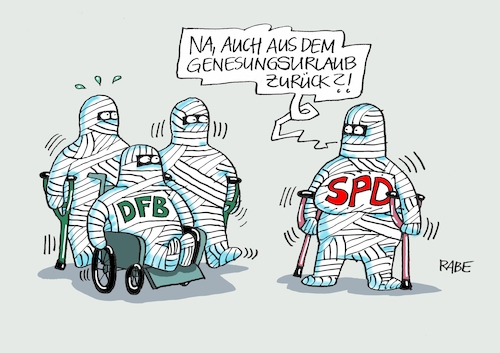 Cartoon: Genesungsurlaub (medium) by RABE tagged dfb,fußball,wm,aus,vorrunden,besen,alt,kehren,oliver,bierhoff,vorstand,austausch,rabe,ralf,böhme,cartoon,karikatur,pressezeichnung,farbcartoon,tagescartoon,grindel,löw,ösil,neustart,spd,nahles,genesung,genesungsurlaub,rollstuhl,krücken,verband,gipsverband,sport,em,fußballer,fußballmannschaft,dfb,fußball,wm,aus,vorrunden,besen,alt,kehren,oliver,bierhoff,vorstand,austausch,rabe,ralf,böhme,cartoon,karikatur,pressezeichnung,farbcartoon,tagescartoon,grindel,löw,ösil,neustart,spd,nahles,genesung,genesungsurlaub,rollstuhl,krücken,verband,gipsverband,sport,em,fußballer,fußballmannschaft