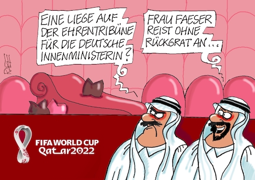 Cartoon: Gepolstertes (medium) by RABE tagged fussball,wm,katar,infantino,fifa,menschenrechte,bestechung,protest,one,love,binde,kapitän,rabe,ralf,böhme,cartoon,karikatur,pressezeichnung,farbcartoon,tagescartoon,gaskrise,sport,spielfeld,tor,ehrentribüne,liege,scheichs,nancy,faeser,innenministerin,rückgrat,fussball,wm,katar,infantino,fifa,menschenrechte,bestechung,protest,one,love,binde,kapitän,rabe,ralf,böhme,cartoon,karikatur,pressezeichnung,farbcartoon,tagescartoon,gaskrise,sport,spielfeld,tor,ehrentribüne,liege,scheichs,nancy,faeser,innenministerin,rückgrat