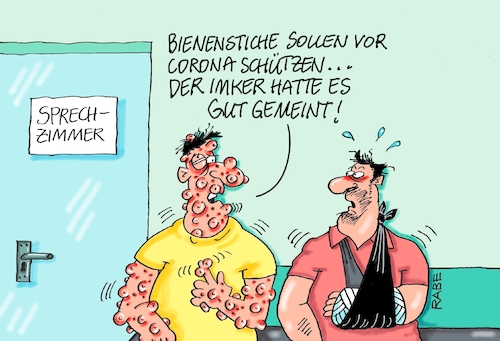 Cartoon: Gestochenes (medium) by RABE tagged virus,corona,pandemie,coronakrise,rabe,ralf,böhme,cartoon,karikatur,pressezeichnung,farbcartoon,tagescartoon,viren,virenschutz,mundschutz,desinfektion,föderal,föderalismus,ländersache,bienen,bienenstich,stich,insektenstich,schutz,lockerungen,abstandsregeln,maskenpflicht,coronaschutz,imker,china,wissenschaftler,jena,virus,corona,pandemie,coronakrise,rabe,ralf,böhme,cartoon,karikatur,pressezeichnung,farbcartoon,tagescartoon,viren,virenschutz,mundschutz,desinfektion,föderal,föderalismus,ländersache,bienen,bienenstich,stich,insektenstich,schutz,lockerungen,abstandsregeln,maskenpflicht,coronaschutz,imker,china,wissenschaftler,jena