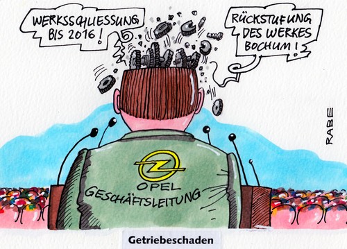 Cartoon: Getriebeschaden (medium) by RABE tagged opel,adam,bochum,werksschließung,getriebe,getriebeschaden,opelbauer,wirtschaftsminister,fdp,bundesregierung,krise,geschäftsleitung,rabe,ralf,böhme,cartoon,karikatur,auto,fahrzeugfertigung,standort,pkw,interimschef,sedran,automarkt,überkapazität,automobilindustrie,beschäftigte,rösler,belegschaft,belegschaftsversamlung,gewerkschaften,vorstand,betriebsrat,opel,adam,bochum,werksschließung,getriebe,getriebeschaden,opelbauer,wirtschaftsminister,fdp,bundesregierung,krise,geschäftsleitung,rabe,ralf,böhme,cartoon,karikatur,auto,fahrzeugfertigung,standort,pkw,interimschef,sedran,automarkt,überkapazität,automobilindustrie,beschäftigte,rösler,belegschaft,belegschaftsversamlung,gewerkschaften,vorstand,betriebsrat