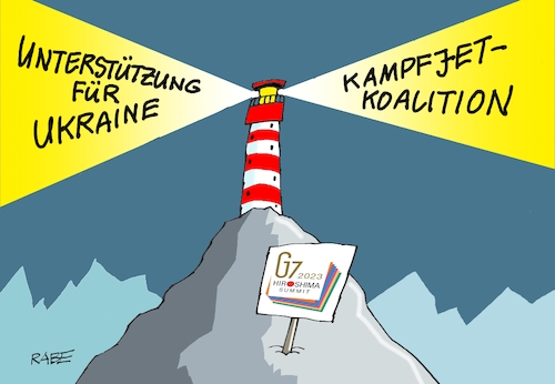 Cartoon: Gipfelsignal (medium) by RABE tagged gipfel,gipfeltreffen,hiroshima,japan,zeichen,leuchtturm,wirtschaftsstaaten,staatschefs,rabe,ralf,böhme,cartoon,karikatur,pressezeichnung,farbcartoon,tagescartoon,berg,licht,lichtkegel,kampfjet,kampfjetkoalition,kampfjetlieferung,ukraine,ukrainekrieg,gipfel,gipfeltreffen,hiroshima,japan,zeichen,leuchtturm,wirtschaftsstaaten,staatschefs,rabe,ralf,böhme,cartoon,karikatur,pressezeichnung,farbcartoon,tagescartoon,berg,licht,lichtkegel,kampfjet,kampfjetkoalition,kampfjetlieferung,ukraine,ukrainekrieg