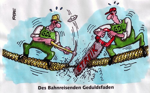 Cartoon: Gleisstreick (medium) by RABE tagged geduldsfaden,nerven,drahtseil,bahnstreik,arbeitskampf,lokfühergewerkschaft,gdl,gewerkschaft,lohnforderung,lohnerhöhunggehalt,bahnsprecher,deutsche,bahn,ag,bahnchef,vorstand,vermittler,euro,krise,zugverkehr,güterverkehr,schiene,bahnsteig,bahnhof,zugverspätung,bahnreisende,verkehrsminister,ramsauer,csu,bundesregierung,kanzlerin,merkel,ice,bahncard,lokfüher,signal,haltesignal,dauerstreik,reisende,berufspendler,männer,arbeiter,spitzhacke,säge,sägen,hacken,latzhose,schutzhelm,arbeitsbekleidung,fahrplan,fahrplanänderung,schienenersatzverkehr,dampflok,lokomotive,geduldsfaden,drahtseil,bahnstreik,arbeitskampf,nerven,gdl,gewerkschaft,lohnerhöhunggehalt,bahnsprecher,deutsche bahn,deutsche,bahn