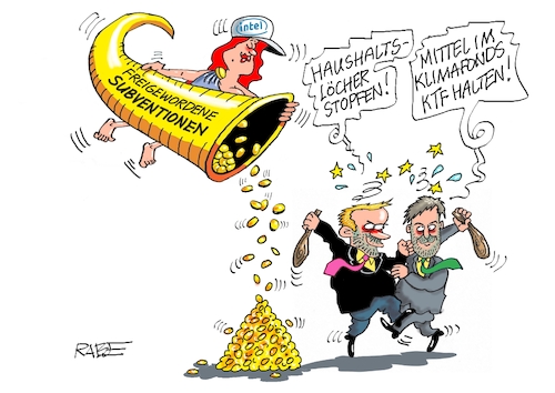 Cartoon: Glücksgöttin (medium) by RABE tagged ampel,ampelregierung,rot,grün,gelb,fdp,spd,grüne,rabe,ralf,böhme,cartoon,karikatur,pressezeichnung,farbcartoon,tagescartoon,pöbelei,pöbler,bestrafung,regelung,beschimpfung,bundestag,abgeordnete,habeck,lindner,fortuna,glücksgöttin,füllhorn,chipfabrik,intel,computerchip,ansiedlung,subentionen,subventionsgelder,prügelei,schlägerei,ampel,ampelregierung,rot,grün,gelb,fdp,spd,grüne,rabe,ralf,böhme,cartoon,karikatur,pressezeichnung,farbcartoon,tagescartoon,pöbelei,pöbler,bestrafung,regelung,beschimpfung,bundestag,abgeordnete,habeck,lindner,fortuna,glücksgöttin,füllhorn,chipfabrik,intel,computerchip,ansiedlung,subentionen,subventionsgelder,prügelei,schlägerei