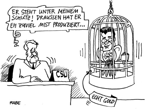 Cartoon: Goldener Käfig (medium) by RABE tagged guttenberg,csu,seehöfer,bayern,plagiat,plagiatsvorwurf,fälschung,doktorarbeit,mentor,hochschule,professor,doktor,doktortitel,kanzlerin,merkel,cdu,verteidigungsminister,afghanistan,afghanistankrieg,euro,krise,schutz,gold,goldener,käfig,vogel,freßnapf,papgei,papgeienkäfig,schreibtisch,rücktritt,debatte,opposition,koaltition,fdp,spd,grüne,linke,guttenberg,csu,seehöfer,bayern,plagiat,fälschung,doktorarbeit,mentor,hochschule,professor,doktor