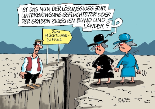 Cartoon: Grabenkämpfe (medium) by RABE tagged gipfel,gipfeltreffen,bund,länder,kommunen,flüchtlinge,flüchtlingsgipfel,flüchtlingsunterbringung,unterbringung,gelder,finanzierung,rabe,ralf,böhme,cartoon,karikatur,pressezeichnung,farbcartoon,tagescartoon,graben,riss,schlucht,lösungsweg,wegweiser,gipfel,gipfeltreffen,bund,länder,kommunen,flüchtlinge,flüchtlingsgipfel,flüchtlingsunterbringung,unterbringung,gelder,finanzierung,rabe,ralf,böhme,cartoon,karikatur,pressezeichnung,farbcartoon,tagescartoon,graben,riss,schlucht,lösungsweg,wegweiser