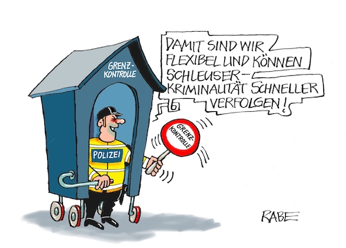 Cartoon: Grenzkontrollen (medium) by RABE tagged eu,brüssel,rede,nation,lage,uschi,ursula,von,der,leyen,rabe,ralf,böhme,cartoon,karikatur,pressezeichnung,farbcartoon,tagescartoon,faeser,grenzkontrollen,aussengrenzen,polizei,schleuser,schleuserkriminalität,grenzschutz,flüchtlinge,migranten,flexibilität,kelle,eu,brüssel,rede,nation,lage,uschi,ursula,von,der,leyen,rabe,ralf,böhme,cartoon,karikatur,pressezeichnung,farbcartoon,tagescartoon,faeser,grenzkontrollen,aussengrenzen,polizei,schleuser,schleuserkriminalität,grenzschutz,flüchtlinge,migranten,flexibilität,kelle