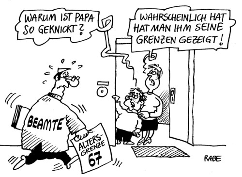 Cartoon: Grenzwertiges (medium) by RABE tagged bundesregierung,arbeitsministerin,cdu,von,der,leyen,merkel,kanzlerin,rente,rentenalter,rentenbezüge,rentner,beamte,altersgrenze,altersteilzeit,papa,familie,mann,frau,kind,mutti,gehalt,euro,krise,arbeitsalter,einstufung,arbeitsamt,grenze,rentenbescheid,bundesregierung,arbeitsministerin,cdu,leyen,merkel,kanzlerin,rentenalter,rente,rentenbezüge