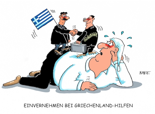 Cartoon: Griechenlandhilfen (medium) by RABE tagged gläubiger,ezb,banken,einigung,einvernehmen,malta,finanzchefs,brüssel,eu,hilfspaket,rabe,ralf,böhme,cartoon,karikatur,pressezeichnung,farbcartoon,tagescartoon,schäuble,michel,rücken,gläubiger,ezb,banken,einigung,einvernehmen,malta,finanzchefs,brüssel,eu,hilfspaket,rabe,ralf,böhme,cartoon,karikatur,pressezeichnung,farbcartoon,tagescartoon,schäuble,michel,rücken