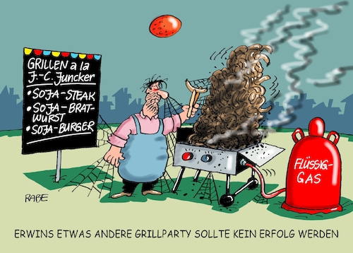 Cartoon: Grillparty (medium) by RABE tagged jean,claude,juncker,eu,brüssel,handelsstreit,strafzölle,trump,staatsbesuch,deat,autozölle,stahlzölle,sojabohnen,flüssiggas,rabe,ralf,böhme,cartoon,karikatur,pressezeichnung,farbcartoon,tagescartoon,grill,grillparty,gasgrill,spinnennetze,grillmeister,sojaburger,burger,sojabratwurst,bratwürste,verkohlen,kohle,qualm,sojasteak,steak,erfolg,jean,claude,juncker,eu,brüssel,handelsstreit,strafzölle,trump,staatsbesuch,deat,autozölle,stahlzölle,sojabohnen,flüssiggas,rabe,ralf,böhme,cartoon,karikatur,pressezeichnung,farbcartoon,tagescartoon,grill,grillparty,gasgrill,spinnennetze,grillmeister,sojaburger,burger,sojabratwurst,bratwürste,verkohlen,kohle,qualm,sojasteak,steak,erfolg