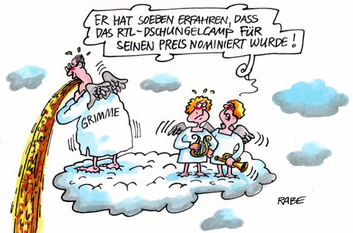 Cartoon: Grimmepreis II (medium) by RABE tagged grimme,grimmepreis,fernsehpreis,nominierung,privatsender,privatfernsehen,rtl,dschungel,dschungelcamp,ekelprüfungen,rabe,ralf,böhme,cartoon,karikatur,einschaltquoten,grimmeinstitut,dschungelkönig,zietlow,hartwich,grimme,grimmepreis,fernsehpreis,nominierung,privatsender,privatfernsehen,rtl,dschungel,dschungelcamp,ekelprüfungen,rabe,ralf,böhme,cartoon,karikatur,einschaltquoten,grimmeinstitut,dschungelkönig,zietlow,hartwich