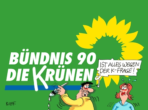 Cartoon: Grüne K Frage (medium) by RABE tagged habeck,grüne,bündnis,parteispitze,kanzlerfrage,akk,merkel,rabe,ralf,böhme,cartoon,karikatur,pressezeicnung,farbcartoon,tagescartrtoon,umwelt,umweltpolitik,wählergunst,habeck,grüne,bündnis,parteispitze,kanzlerfrage,akk,merkel,rabe,ralf,böhme,cartoon,karikatur,pressezeicnung,farbcartoon,tagescartrtoon,umwelt,umweltpolitik,wählergunst