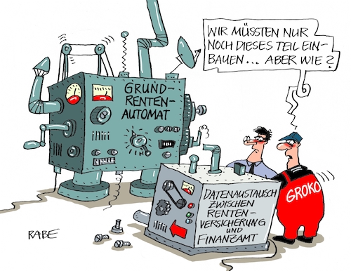 Cartoon: Grundrentenmaschinerie (medium) by RABE tagged groko,union,cdu,csu,spd,merkel,akk,berlin,bundesregierung,befragung,rabe,ralf,böhme,cartoon,karikatur,pressezeichnung,farbcartoon,tagescartoon,prügelei,halbzeit,halbzeitbilanz,grundrente,grundrentenmaschinerie,rntner,bedarfsprüfung,altersarmut,bedürftigkeitsprüfung,hubertus,heil,maschine,automat,datenaustausch,finanzamt,rentenstelle,groko,union,cdu,csu,spd,merkel,akk,berlin,bundesregierung,befragung,rabe,ralf,böhme,cartoon,karikatur,pressezeichnung,farbcartoon,tagescartoon,prügelei,halbzeit,halbzeitbilanz,grundrente,grundrentenmaschinerie,rntner,bedarfsprüfung,altersarmut,bedürftigkeitsprüfung,hubertus,heil,maschine,automat,datenaustausch,finanzamt,rentenstelle