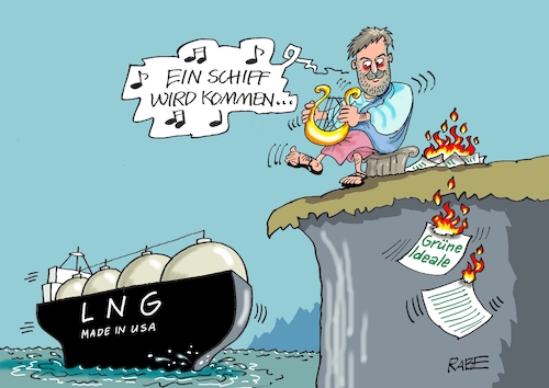 Cartoon: Habeck Harfe (medium) by RABE tagged gas,gassparen,gasnotstand,gasgeben,sanktionen,gasspeicher,gasheizung,rabe,ralf,böhme,cartoon,karikatur,pressezeichnung,farbcartoon,tagescartoon,robert,habeck,putin,ukrainekrieg,grüne,ideale,lng,fracking,made,usa,schiff,tanker,klippe,harfe,nero,feuer,flamme,gas,gassparen,gasnotstand,gasgeben,sanktionen,gasspeicher,gasheizung,rabe,ralf,böhme,cartoon,karikatur,pressezeichnung,farbcartoon,tagescartoon,robert,habeck,putin,ukrainekrieg,grüne,ideale,lng,fracking,made,usa,schiff,tanker,klippe,harfe,nero,feuer,flamme