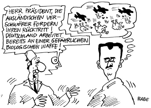 Cartoon: Hähnchenbomber (medium) by RABE tagged assad,diktator,präsident,damaskus,syrien,demonstration,demonstranten,gewalt,terror,regime,regimegegner,regimekritiker,araber,wüstenstaat,verschwörer,deutschland,waffen,hähnchen,hähnchenmast,geflügelfarm,antibiotika,verbraucherschutz,verbraucherschutzministerin,aigner,csu,assad,präsident,diktator,damaskus,syrien,demonstration,demonstranten,terror,regime