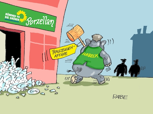 Cartoon: Hammerharter Dickhäuter (medium) by RABE tagged graichen,habeck,grüne,staatssekretär,vetternwirtschaft,trauzeugenaffäre,filz,sumpf,rabe,ralf,böhme,cartoon,karikatur,pressezeichnung,farbcartoon,tagescartoon,elefant,dickhäuter,hammer,holzhammer,porzellan,porzellanladen,scherben,bruch,teller,tassen,kannen,graichen,habeck,grüne,staatssekretär,vetternwirtschaft,trauzeugenaffäre,filz,sumpf,rabe,ralf,böhme,cartoon,karikatur,pressezeichnung,farbcartoon,tagescartoon,elefant,dickhäuter,hammer,holzhammer,porzellan,porzellanladen,scherben,bruch,teller,tassen,kannen