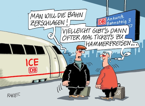 Cartoon: Hammerpreise (medium) by RABE tagged gewerkschaften,tarife,tarifverhandlungen,streik,gew,verdi,rabe,ralf,böhme,cartoon,karikatur,pressezeichnung,farbcartoon,tagescartoon,schleifstein,messer,gewerkschaftsmitglieder,db,deutschebahn,konzern,zerschlagung,union,infrastruktur,staatskonzern,fahrgäste,bahnreisende,bahnsteig,hammer,hammerpreise,ticket,schienen,schienenverkehr,gewerkschaften,tarife,tarifverhandlungen,streik,gew,verdi,rabe,ralf,böhme,cartoon,karikatur,pressezeichnung,farbcartoon,tagescartoon,schleifstein,messer,gewerkschaftsmitglieder,db,deutschebahn,konzern,zerschlagung,union,infrastruktur,staatskonzern,fahrgäste,bahnreisende,bahnsteig,hammer,hammerpreise,ticket,schienen,schienenverkehr