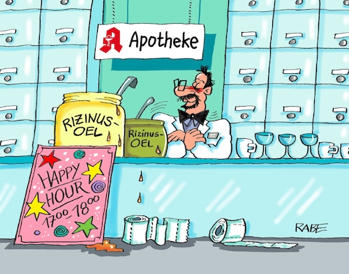 Cartoon: Happy Hour (medium) by RABE tagged apotheke,apotheker,zäpfchen,medizin,rezept,rabe,ralf,böhme,cartoon,karikatur,pressezeichnung,farbcartoon,tagescartoon,thresen,rizinus,rizinusoel,happy,hour,durchfall,dünnpfiff,apotheke,apotheker,zäpfchen,medizin,rezept,rabe,ralf,böhme,cartoon,karikatur,pressezeichnung,farbcartoon,tagescartoon,thresen,rizinus,rizinusoel,happy,hour,durchfall,dünnpfiff