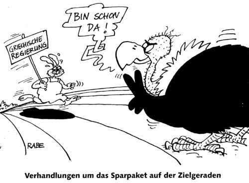 Cartoon: Hase und geier (medium) by RABE tagged euro,eu,brüssel,eurokrise,schuldenkrise,rettungspaket,rettungsschirm,schulden,schuldenschnitt,merkel,cdu,kanzlerin,deutschland,frankreich,sarkozy,staatspräsident,finanzminister,eurobonds,schuldenerlass,griechenland,athen,verhandlungen,währungsunion,eurostaaten,sparpaket,ziel,zielgerade,wettlauf,hase,igel,geier,pleite,staatspleite,pleitegeier,feld,acker,furche,start,märchen,brüder,grimm,euro,eu,brüssel,eurozone,eurokrise,schuldenkrise,merkel,cdu