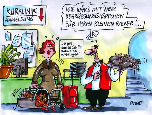 Cartoon: Haustierchen (medium) by RABE tagged kurklinik,kur,kurheim,hotel,übernachtung,zimmerservice,aufnahme,anmeldung,reception,haustiere,hunde,katzen,meerschweinchen,vögel,papageien,wellensittich,mäuse,hausmaus,häppchen,appetithäppchen,begrüßung,begrüßungshäppchen,therapie,therapiegebäude,kurgast,kurtaxe,katzenkorb,tragebox,katzenklo,koffer,übernachtung,zimmerservice,aufnahme,hotel