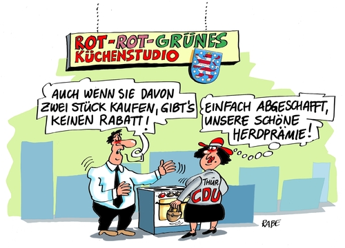 Cartoon: Herdprämie (medium) by RABE tagged erziehungsgeld,herdprämie,elterngeld,thüringen,cdu,landesregierung,rot,grün,linke,ramelow,rabe,ralf,böhme,cartoon,karikatur,pressezeichnung,farbcartoon,tagescartoon,küchenstudio,küchengeräte,herd,backofen,erziehungsgeld,herdprämie,elterngeld,thüringen,cdu,landesregierung,rot,grün,linke,ramelow,rabe,ralf,böhme,cartoon,karikatur,pressezeichnung,farbcartoon,tagescartoon,küchenstudio,küchengeräte,herd,backofen