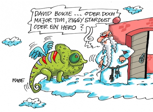 Cartoon: Hero (medium) by RABE tagged chamäleon,himmelstor,petrus,tagescartoon,farbcartoon,pressezeichnung,kariktur,cartoons,böhme,ralf,rabe,tom,major,stardust,ziggy,hero,krebs,bowie,david,david,bowie,krebs,hero,ziggy,stardust,major,tom,rabe,ralf,böhme,cartoons,kariktur,pressezeichnung,farbcartoon,tagescartoon,petrus,himmelstor,chamäleon