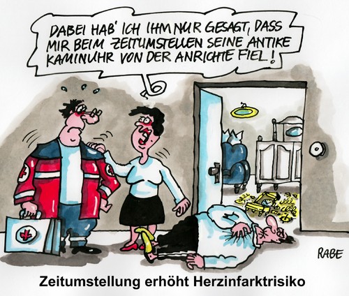 Cartoon: Herzinfarkt (medium) by RABE tagged zeit,zeitumstellung,uhrenumstellung,sommerzeit,winterzeit,vorstellen,standuhr,antikuhr,kaminuhr,rabe,ralf,böhme,cartoon,karikatur,pressezeichnung,farbcartoon,arzt,notarzt,rettungsdienst,mann,frau,herz,herzinfarkt,herzschlag,herzrasen,aufregung,anrichte,kamin,zeit,zeitumstellung,uhrenumstellung,sommerzeit,winterzeit,vorstellen,standuhr,antikuhr,kaminuhr,rabe,ralf,böhme,cartoon,karikatur,pressezeichnung,farbcartoon,arzt,notarzt,rettungsdienst,mann,frau,herz,herzinfarkt,herzschlag,herzrasen,aufregung,anrichte,kamin