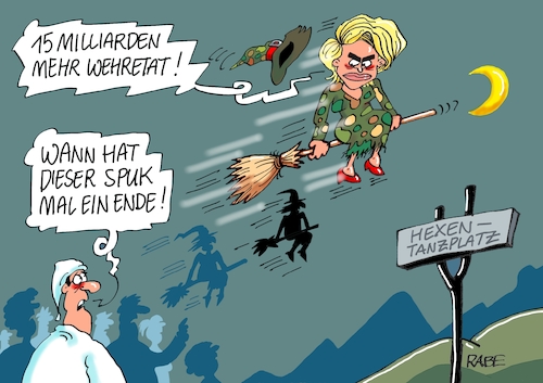 Cartoon: Hexenspuk (medium) by RABE tagged uschi,von,der,leyen,bundeswehr,bundeswehretat,waffensysteme,aufrüstung,verteidigngsministerin,rabe,ralf,böhme,cartoon,karikatur,pressezeichnung,farbcartoon,tagescartoon,nato,militärbündnis,hexen,hexentanzplatz,besen,spuk,walpurgisnacht,harz,brocken,uschi,von,der,leyen,bundeswehr,bundeswehretat,waffensysteme,aufrüstung,verteidigngsministerin,rabe,ralf,böhme,cartoon,karikatur,pressezeichnung,farbcartoon,tagescartoon,nato,militärbündnis,hexen,hexentanzplatz,besen,spuk,walpurgisnacht,harz,brocken