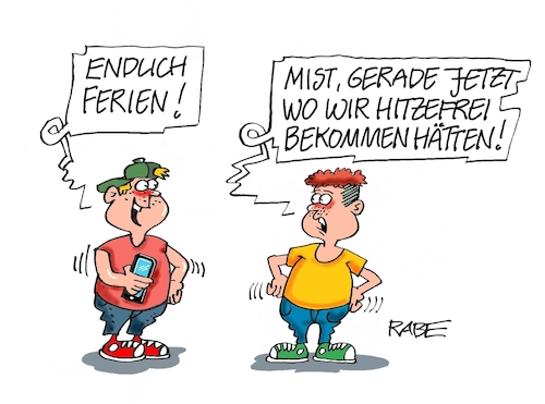 Cartoon: Hitzefrei (medium) by RABE tagged merz,kanzler,koalition,union,spd,klingbeil,cartoon,karikatur,pressezeichnung,farbcartoon,tagescartoon,db,bahn,frühling,frühjahr,frühjahrsputz,ice,zug,blumenkasten,blumenkästen,esc,songcontest,ferien,urlaub,schüler,hitze,hitzewelle,hitzefrei,klimawandel,merz,kanzler,koalition,union,spd,klingbeil,cartoon,karikatur,pressezeichnung,farbcartoon,tagescartoon,db,bahn,frühling,frühjahr,frühjahrsputz,ice,zug,blumenkasten,blumenkästen,esc,songcontest,ferien,urlaub,schüler,hitze,hitzewelle,hitzefrei,klimawandel