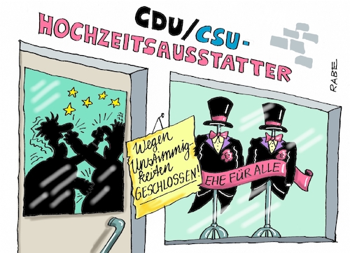 Cartoon: Hochzeitsausstattung (medium) by RABE tagged ehe,für,alle,bundestagswahl,merkel,schulz,spd,union,homoehe,linke,grüne,rabe,ralf,böhme,cartoon,karikatur,pressezeichnung,farbcartoon,tagescartoon,bundestag,abstimmung,freitag,hochzeit,hochzeitsausstatter,unstimmigkeiten,ehe,für,alle,bundestagswahl,merkel,schulz,spd,union,homoehe,linke,grüne,rabe,ralf,böhme,cartoon,karikatur,pressezeichnung,farbcartoon,tagescartoon,bundestag,abstimmung,freitag,hochzeit,hochzeitsausstatter,unstimmigkeiten