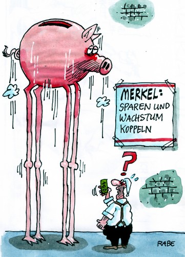 Cartoon: Höhenwachstum (medium) by RABE tagged merkel,kanzlerin,cdu,bundesregierung,europa,eu,brüssel,euro,eurokrise,frankreich,griechenland,sparkurs,wachstum,wachstumsrate,sparschwein,höhe,steuerzahler,koppelung,beschäftigung,finanzmärkte,kanzlerin,merkel,bundesregierung,brüssel,euro,eurokrise,frankreich,griechenland