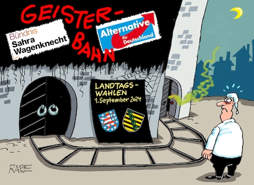 Cartoon: Höllenfahrt (medium) by RABE tagged landtagswahl,thüringen,septemper,cdu,afd,mario,voigt,bernd,höcke,tv,duell,fernsehduell,rabe,ralf,böhme,cartoon,karikatur,pressezeichnung,farbcartoon,tagescartoon,sachsen,bsw,sahra,wagenknecht,michel,geisterbahn,grusel,landtagswahl,thüringen,septemper,cdu,afd,mario,voigt,bernd,höcke,tv,duell,fernsehduell,rabe,ralf,böhme,cartoon,karikatur,pressezeichnung,farbcartoon,tagescartoon,sachsen,bsw,sahra,wagenknecht,michel,geisterbahn,grusel