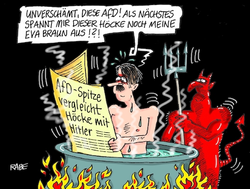 Cartoon: Höllenhöcke (medium) by RABE tagged afd,spitze,vergleich,adolf,hitler,ernd,höcke,thüringen,rabe,ralf,böhme,cartoon,karikatur,pressezeichnung,farbcartoon,tagescartoon,satan,teufel,hölle,eva,braun,afd,spitze,vergleich,adolf,hitler,ernd,höcke,thüringen,rabe,ralf,böhme,cartoon,karikatur,pressezeichnung,farbcartoon,tagescartoon,satan,teufel,hölle,eva,braun