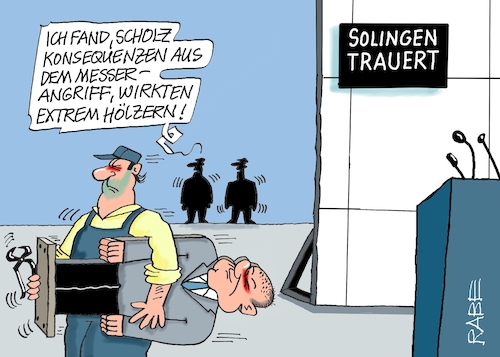 Cartoon: Holzscholz (medium) by RABE tagged ampel,ampelregierung,rot,grün,gelb,fdp,spd,grüne,rabe,ralf,böhme,cartoon,karikatur,pressezeichnung,farbcartoon,tagescartoon,pöbelei,pöbler,bestrafung,regelung,beschimpfung,bundestag,abgeordnete,scholz,rede,pappkamerad,kulisse,holzfigur,staffage,solingen,messerattentat,konsequenz,messerangriff,trauerrede,ampel,ampelregierung,rot,grün,gelb,fdp,spd,grüne,rabe,ralf,böhme,cartoon,karikatur,pressezeichnung,farbcartoon,tagescartoon,pöbelei,pöbler,bestrafung,regelung,beschimpfung,bundestag,abgeordnete,scholz,rede,pappkamerad,kulisse,holzfigur,staffage,solingen,messerattentat,konsequenz,messerangriff,trauerrede