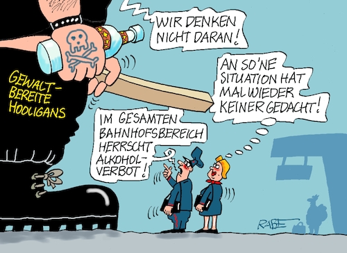 Cartoon: Hooligans (medium) by RABE tagged merz,kanzler,koalition,union,spd,klingbeil,cartoon,karikatur,pressezeichnung,farbcartoon,tagescartoon,db,bahn,frühling,frühjahr,frühjahrsputz,ice,zug,blumenkasten,blumenkästen,esc,songcontest,alkohol,alkoholverbot,bahnhof,bahnhofsbereich,schaffner,bahnsteig,bestrafung,hooligans,fußball,ultras,gewalt,merz,kanzler,koalition,union,spd,klingbeil,cartoon,karikatur,pressezeichnung,farbcartoon,tagescartoon,db,bahn,frühling,frühjahr,frühjahrsputz,ice,zug,blumenkasten,blumenkästen,esc,songcontest,alkohol,alkoholverbot,bahnhof,bahnhofsbereich,schaffner,bahnsteig,bestrafung,hooligans,fußball,ultras,gewalt