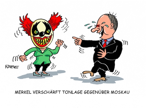 Cartoon: Horrorclown (medium) by RABE tagged merkel,kanzlerin,putin,kreml,kremlchef,moskau,russland,ukrainekrise,syrien,syrienkonflikt,assad,aleppo,rabe,ralf,böhme,cartoon,karikatur,pressezeichnung,farbcartoon,tagescartoon,clown,horrorclown,monsterclown,schreck,merkel,kanzlerin,putin,kreml,kremlchef,moskau,russland,ukrainekrise,syrien,syrienkonflikt,assad,aleppo,rabe,ralf,böhme,cartoon,karikatur,pressezeichnung,farbcartoon,tagescartoon,clown,horrorclown,monsterclown,schreck