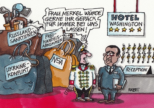 Cartoon: Hotel Washington (medium) by RABE tagged obama,merkel,usa,berlin,kanzlerin,cdu,besuch,staatsbesuch,staatsempfang,washington,nsa,geheimdienste,freihandelsabkommen,ukrainekrise,ukrainekonflikt,sanktionen,russlandsanktionen,putin,rabe,ralf,böhme,cartoon,karikatur,pressezeichnung,farbcartoon,hotel,empfang,reception,rezeption,portier,liftboy,koffer,taschen,gepäck,zimmerschlüssel,obama,merkel,usa,berlin,kanzlerin,cdu,besuch,staatsbesuch,staatsempfang,washington,nsa,geheimdienste,freihandelsabkommen,ukrainekrise,ukrainekonflikt,sanktionen,russlandsanktionen,putin,rabe,ralf,böhme,cartoon,karikatur,pressezeichnung,farbcartoon,hotel,empfang,reception,rezeption,portier,liftboy,koffer,taschen,gepäck,zimmerschlüssel