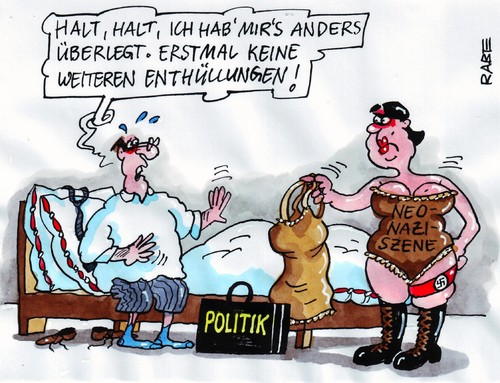 Cartoon: Hüllenlos (medium) by RABE tagged gewalt,gewaltbereitschaft,innenausschuß,innenminister,csu,friedrich,innenministerkonferenz,rechts,rechte,neonazi,neonaziszene,naziterror,terror,nazimorde,politiker,abgeordnete,bka,verfassungsschutz,vmänner,polizei,demo,aufklärung,verstrickung,bett,paar,beischlaf,striptease,unterwäsche,reizwäsche,gewalt,gewaltbereitschaft,rechte,nazis,nazi,neonazi